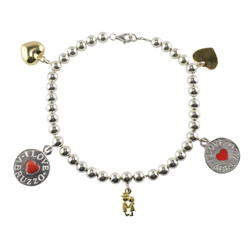 Bracciale con palline mm 5 con due cuoricini in oro più ciondolo innamorati in oro più I Love Abruzzo con corallo e smalto | Gioielleria Montaldi